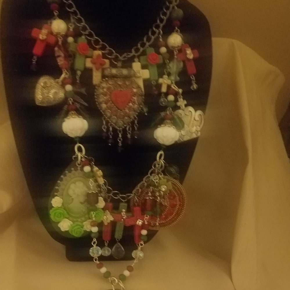 Green, White & Red Layered Charm Necklace